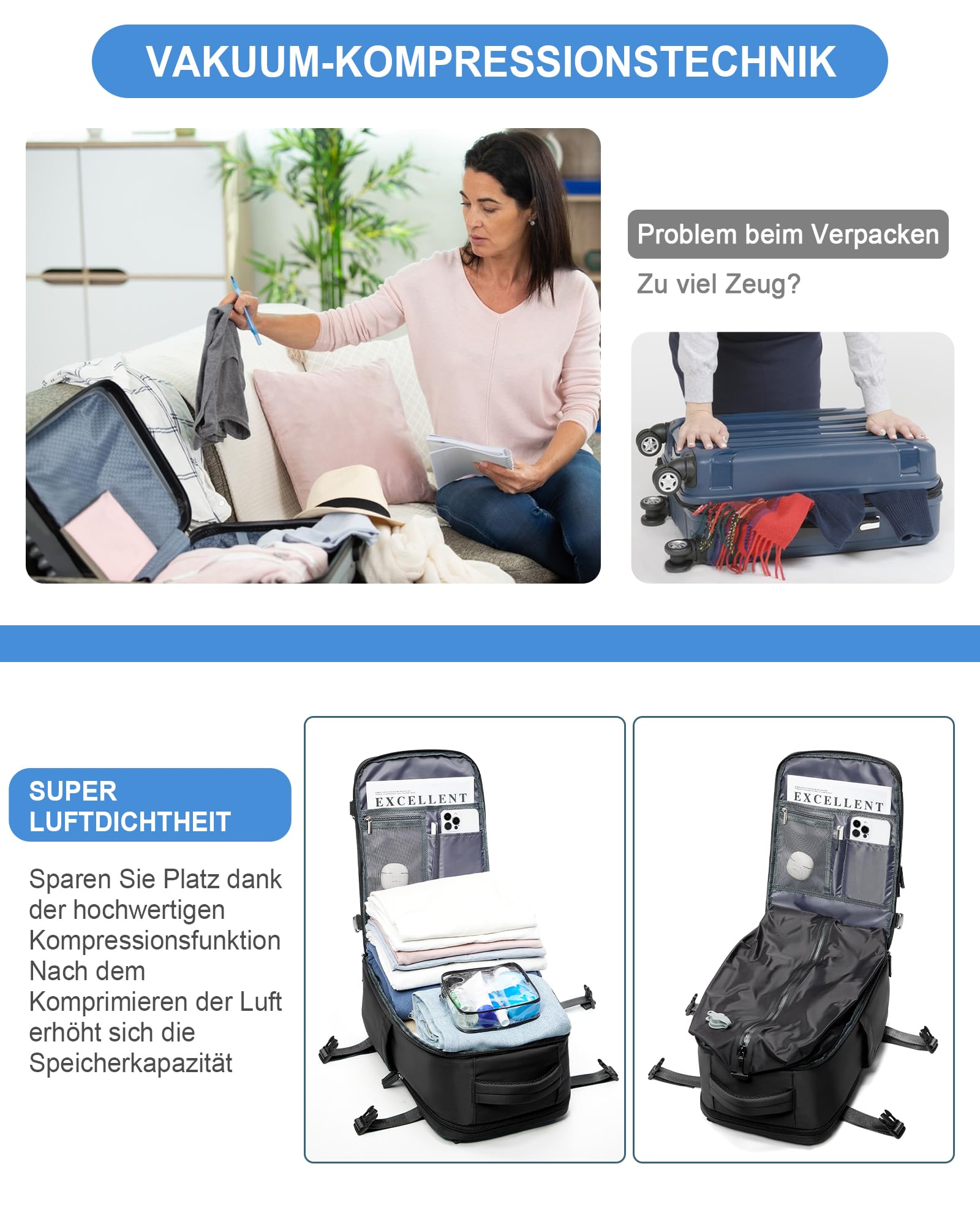 suradar Vakuum Rucksack Handgepäck Vacpack, Ryanair Handgepäck 40x20x25 Vakuum Backpack Travel Airbag Rucksack mit Vakuumsystem, Vacuum Backpack mit Luftpumpe für Flugzeug Herren Damen Schwarz