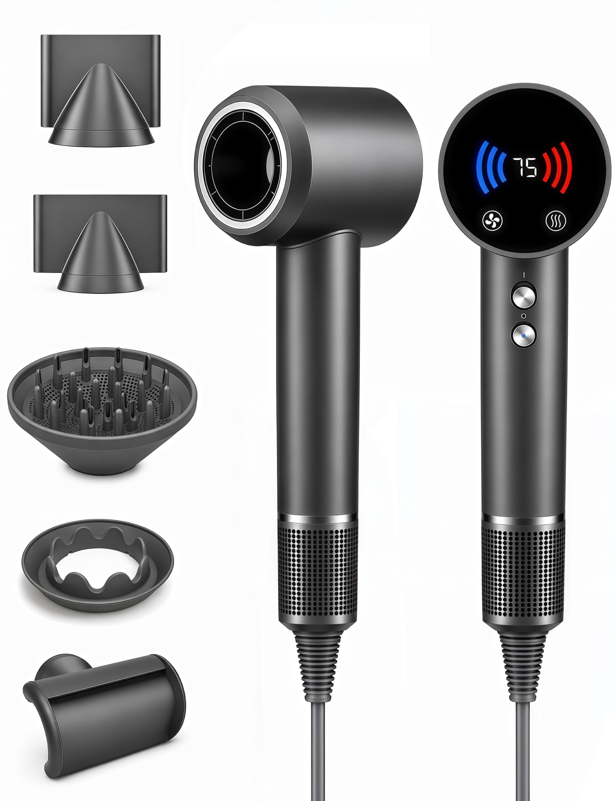 Hochgeschwindigkeits Föhn mit 5 Diffusor Kompatibel mit Dyson, 160.000 U/min Ionen Fön Haartrockner, Leiser Bürstenloser Motor, LED Touch-Display, NTC-Regler, 600 Mio. Negativ Ionen Haarföhn,13 Modi