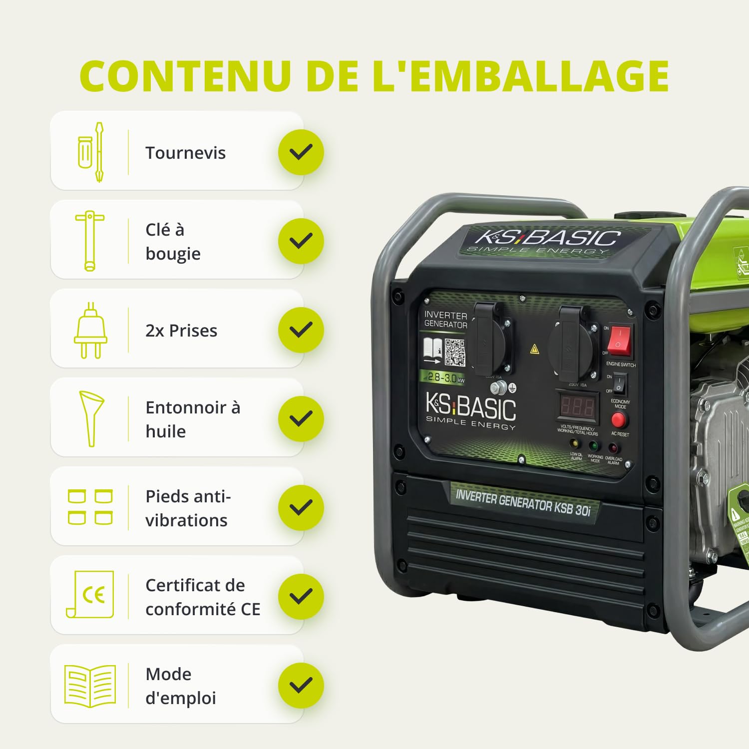 K&S Basic 30i Générateur onduleur 2800 W, 3000 W maximum, générateur de secours compact à essence, onde sinusoïdale pure, générateur de courant avec mode éco, pour la maison, le camping et les travaux