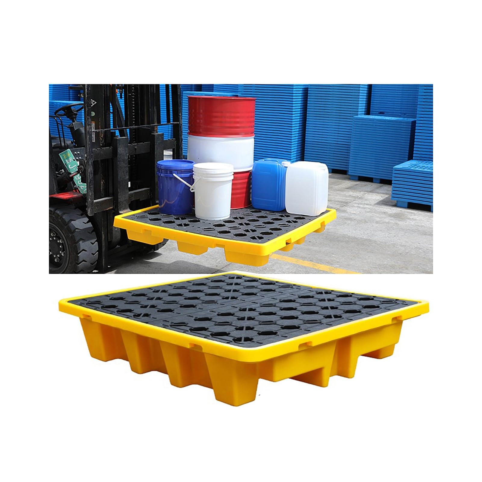 JKJZSALJ Heavy-Duty Spill Containment Pallet With Drain, Forklift Pockets, Modular Tray For 2 Drums, Industrial Chemical Storage Solution,Yellow,72x72x16cm