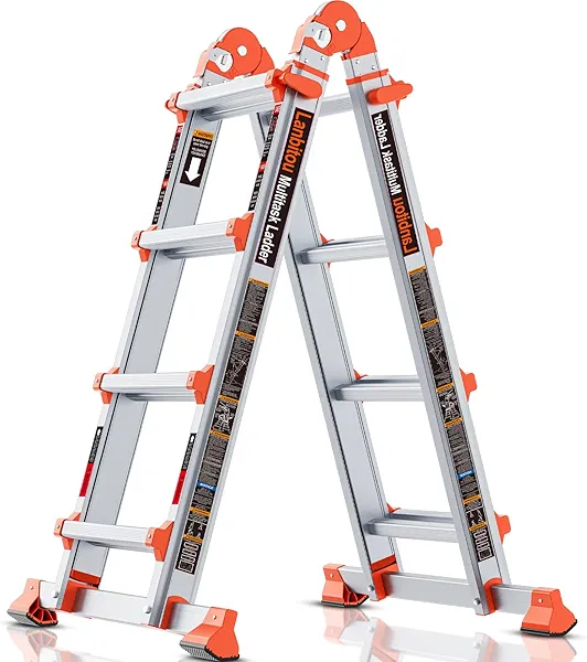 LANBITOU Ladder, A Frame 4 Step Ladder Extension, 14 FT Anti-Slip Multi Position & Storage Folding Ladder, 330 lbs Security Load Telescoping Aluminum Ladders for Stairs Home Indoor Outdoor Roof