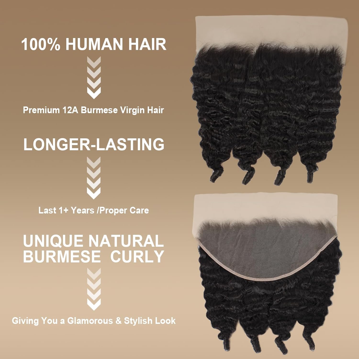 13x6 Frontal Burmese Curly Human Hair HD Transparent Ear to Ear Lace Frontal Closure Pre Plucked With Baby Hair Free Part 100% Virgin Human Hair Natural Black 14 Inch