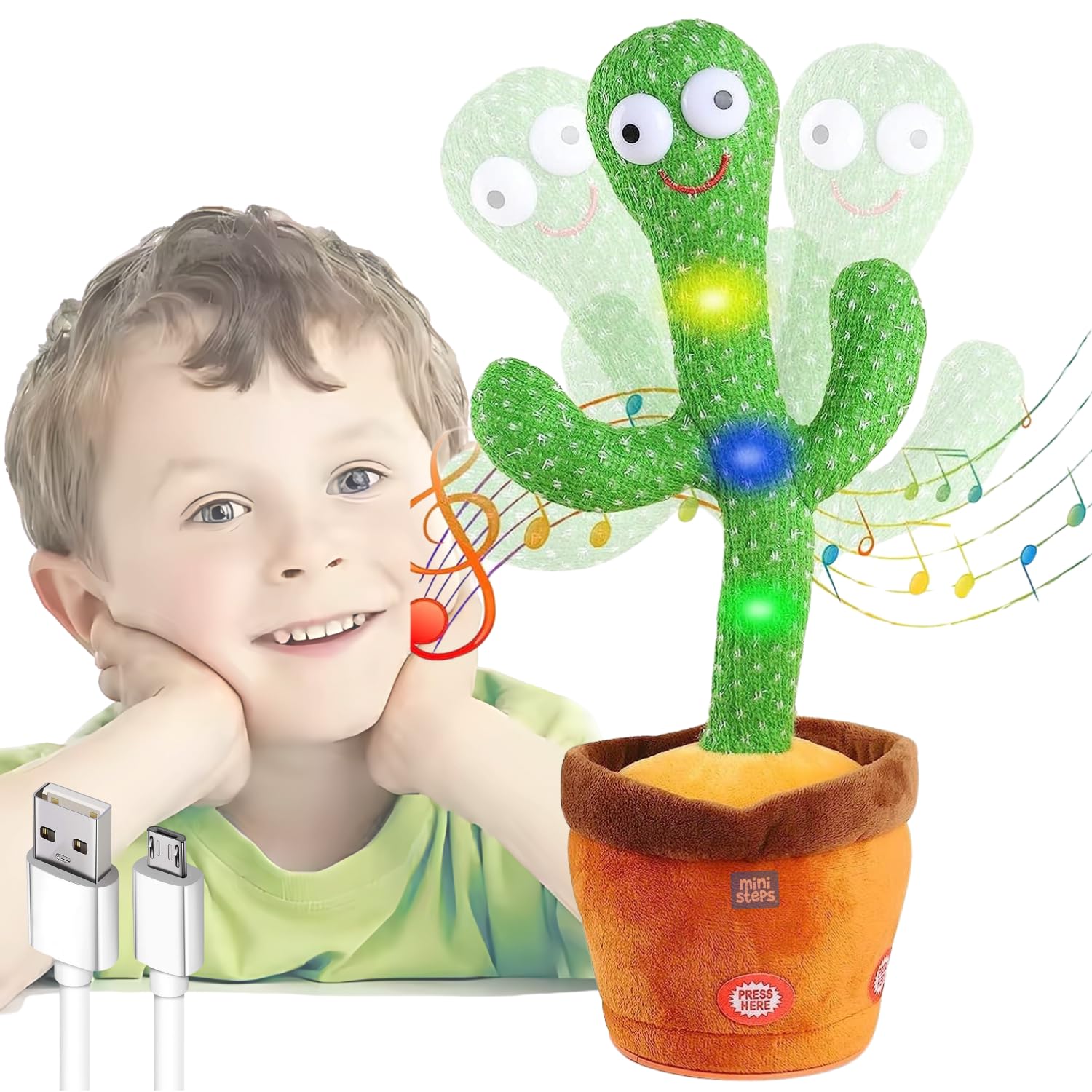 Mini Steps Dancing Cactus Toy for Kids - Rechargeable Talking Singing Children Baby Plush Electronic Toys | Voice Recording | Repeats What You Say | LED Lights
