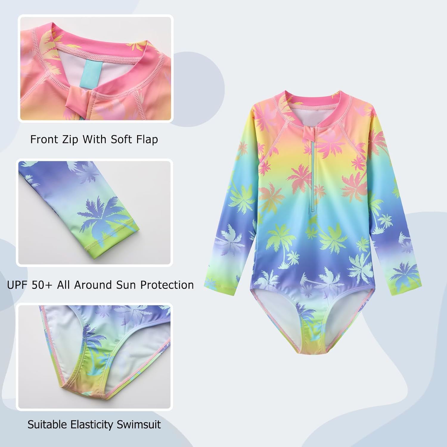 Aisyee Girls One Piece Swimsuits Long Sleeve Rash Guard Kids Hawaiian Bathing Suit UPF 50+ Swim Shirts 3-16 Years