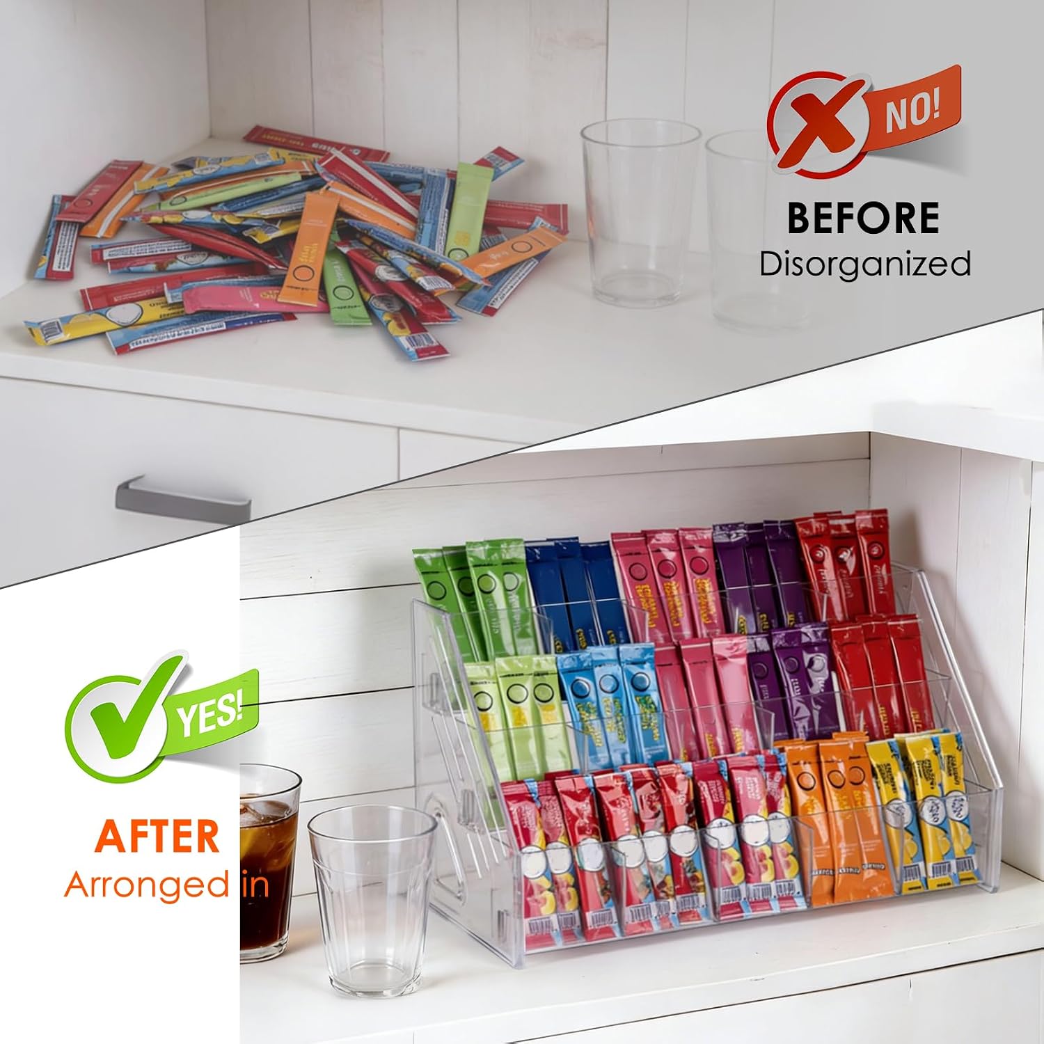 3 Tier Drink Packet Organizer, Acrylic Water Flavor Packet Holder with 15 Compartments, Drink Mix Organizer Hydration Powdered Mixes Holder Container for Kitchen Cabinet Countertop Pantry Storage