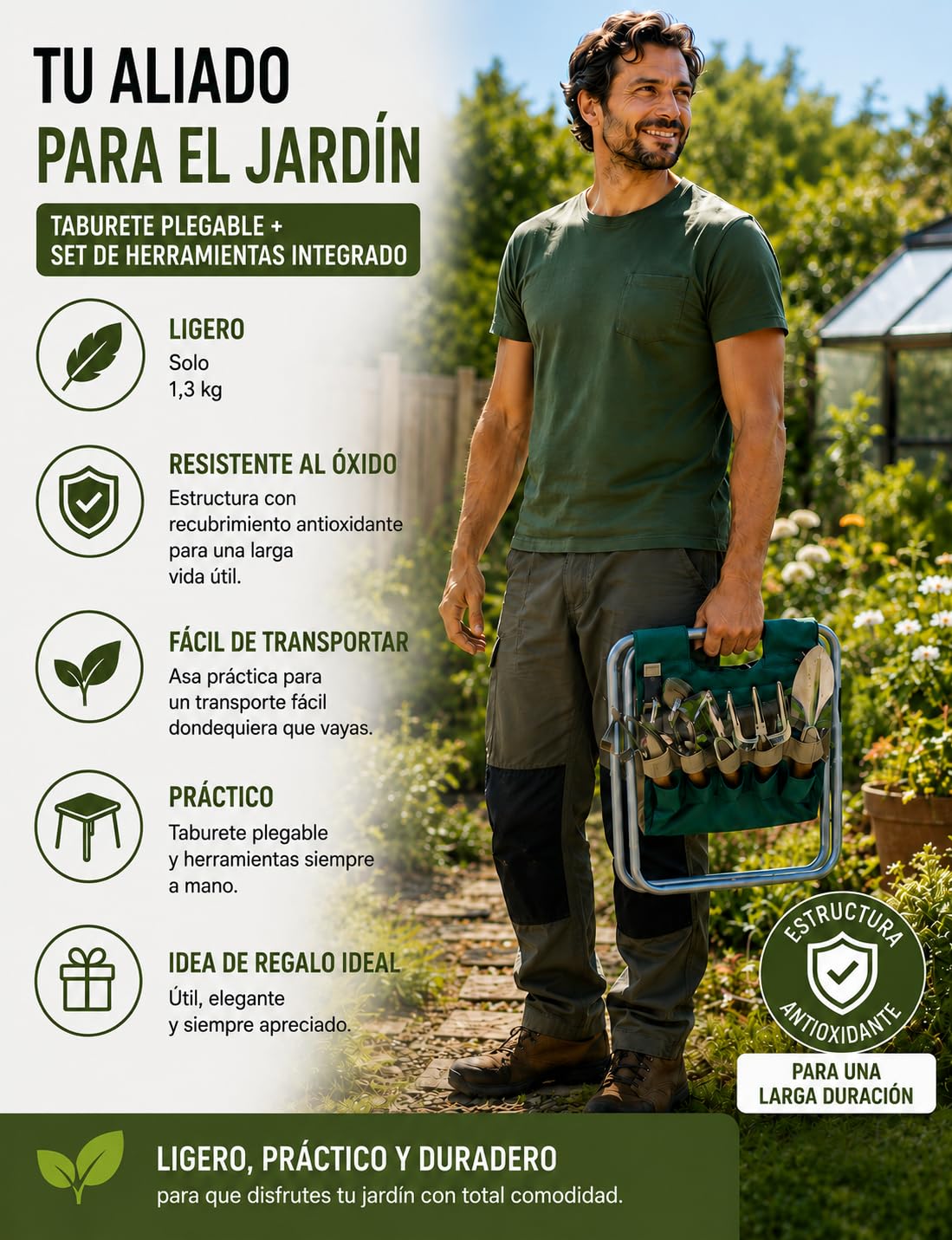 Kit Jardinería Ergonómico Verdorin - Taburete Plegable + 12 Herramientas Acero Inoxidable + Bolsa + Guantes + Rodilleras - Jardinería sin Dolor en la espalda ni en las Rodillas