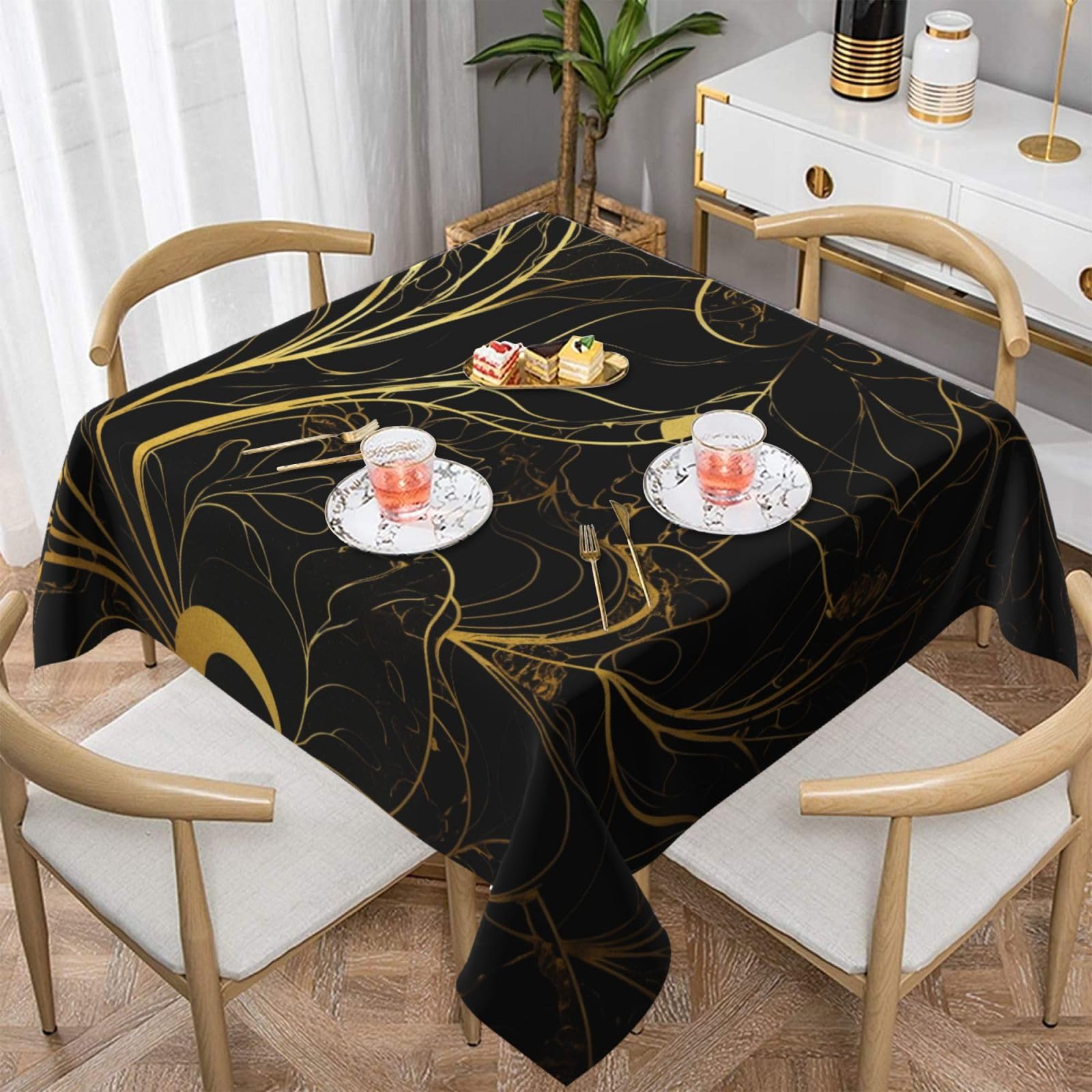WPKJU Black and Gold Background Printed Square Tablecloth 60x60 inch Water Resistant Table Cover Washable Rectangle Table Cloth for Dining Tables