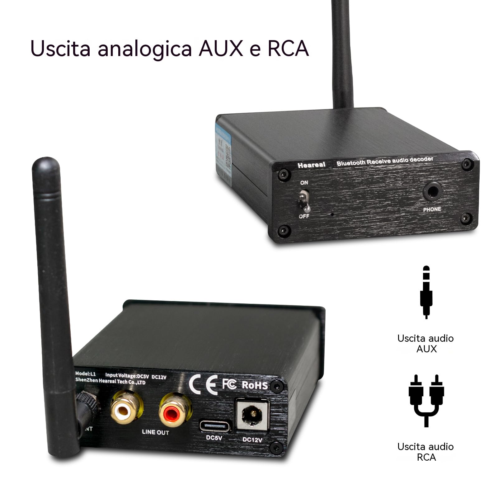 Ricevitore audio Bluetooth 5.4 ad alta risoluzione DAC, supporto LDAC/aptX HD 24-bit/96kHz, uscita cuffie e RCA da 3,5 mm, doppia alimentazione (5 V USB-C e 12 V DC) per stereo domestico, vecchio