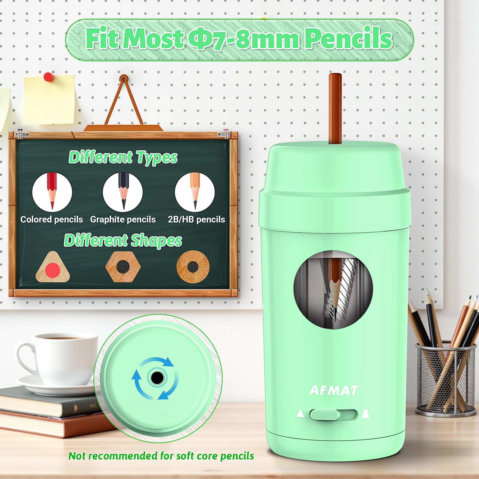 AFMAT Electric Pencil Sharpener for Colored Pencils 7-8 mm, Rechargeable Fully Automatic Pencil Sharpener with Container, Auto in&Out, Non-Slip Portable Electric Sharpener for Home,School,Green,PSX8 - Image 4