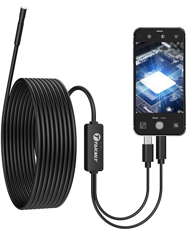 T TAKMLY 5.5mm Endoscope Borescope Inspection Camera with Light for iPhone, OTG Android Phone, Snake Drain Scope Cameras Bore Scope Borescopes, IP67 Waterproof 16.4FT Semi-Rigid Cable by T TAKMLY - Used condition - US$17.61