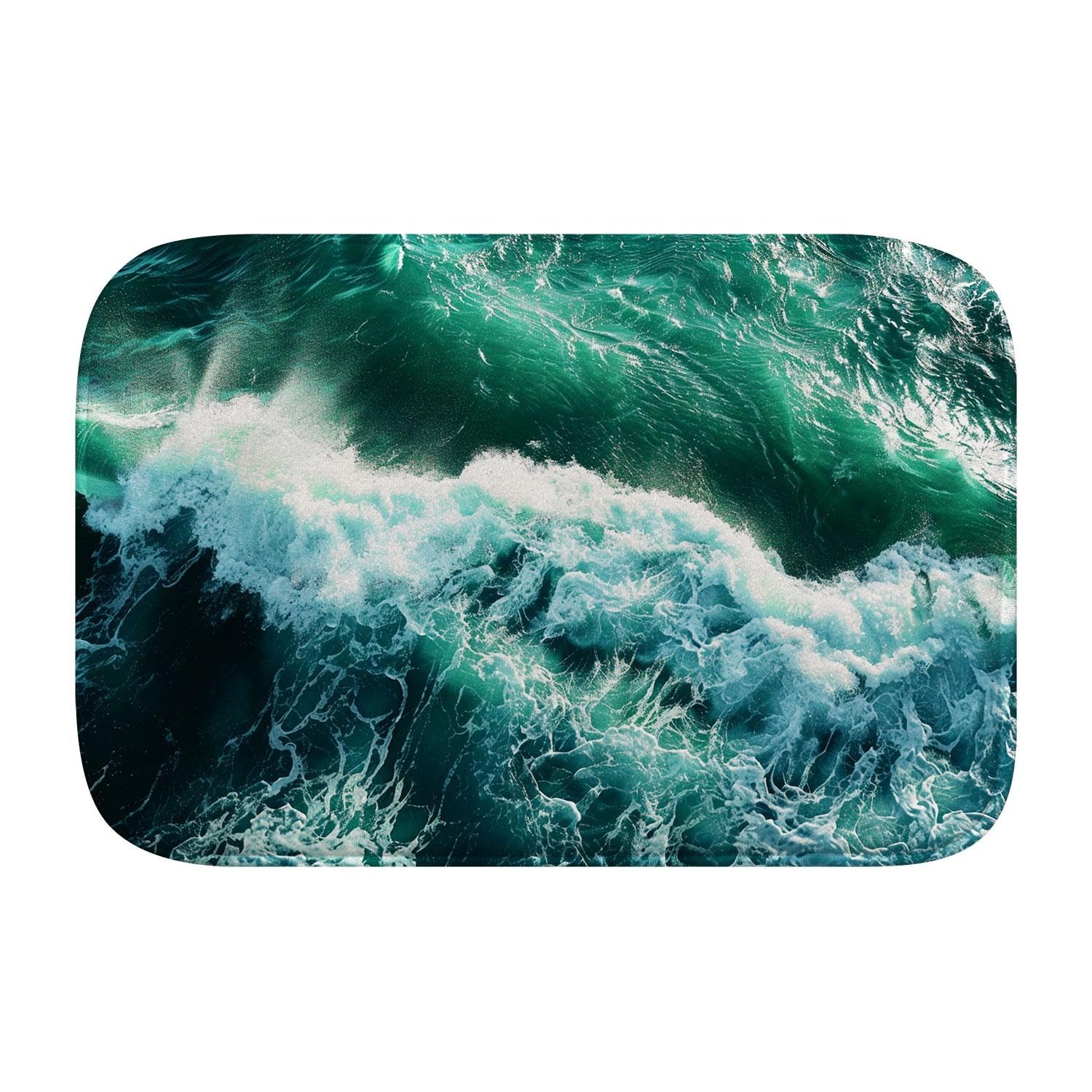 Tapis de salle de bain microfibre 90x60 cm bleu motif vagues YHFR 1085