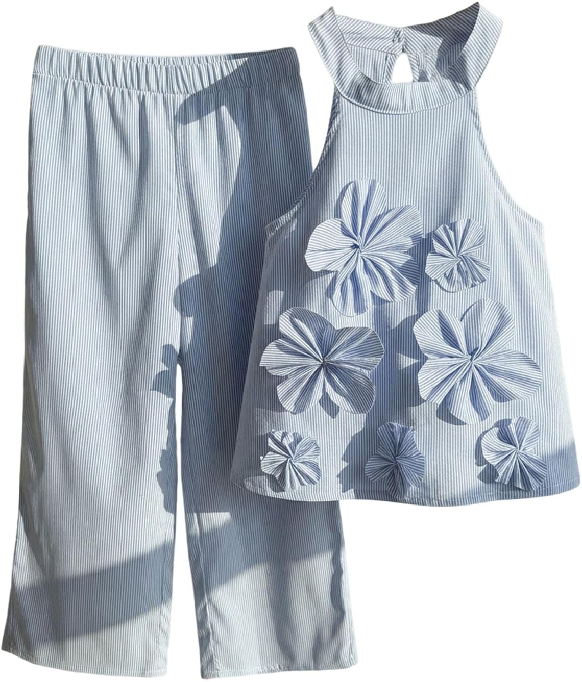 SHENHE Girl's Striped 2 Piece Outfits 3D Flower Halter Top and Wide Leg Pants Set Summer Clothes