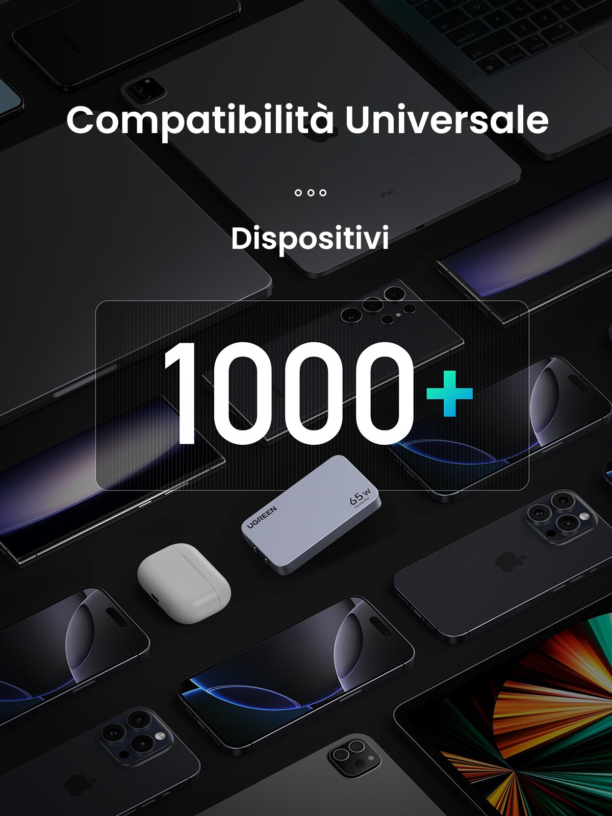 UGREEN Nexode Air 65W Caricatore Ultra Sottile da Viaggio Universale | 3 Porte PD 3.0 PPS 25W Compatibile con iPhone 17 Pro Max Air 16 15 14 13 Galaxy S26 25 24 Pixel 10 Pro iPad Steam Deck