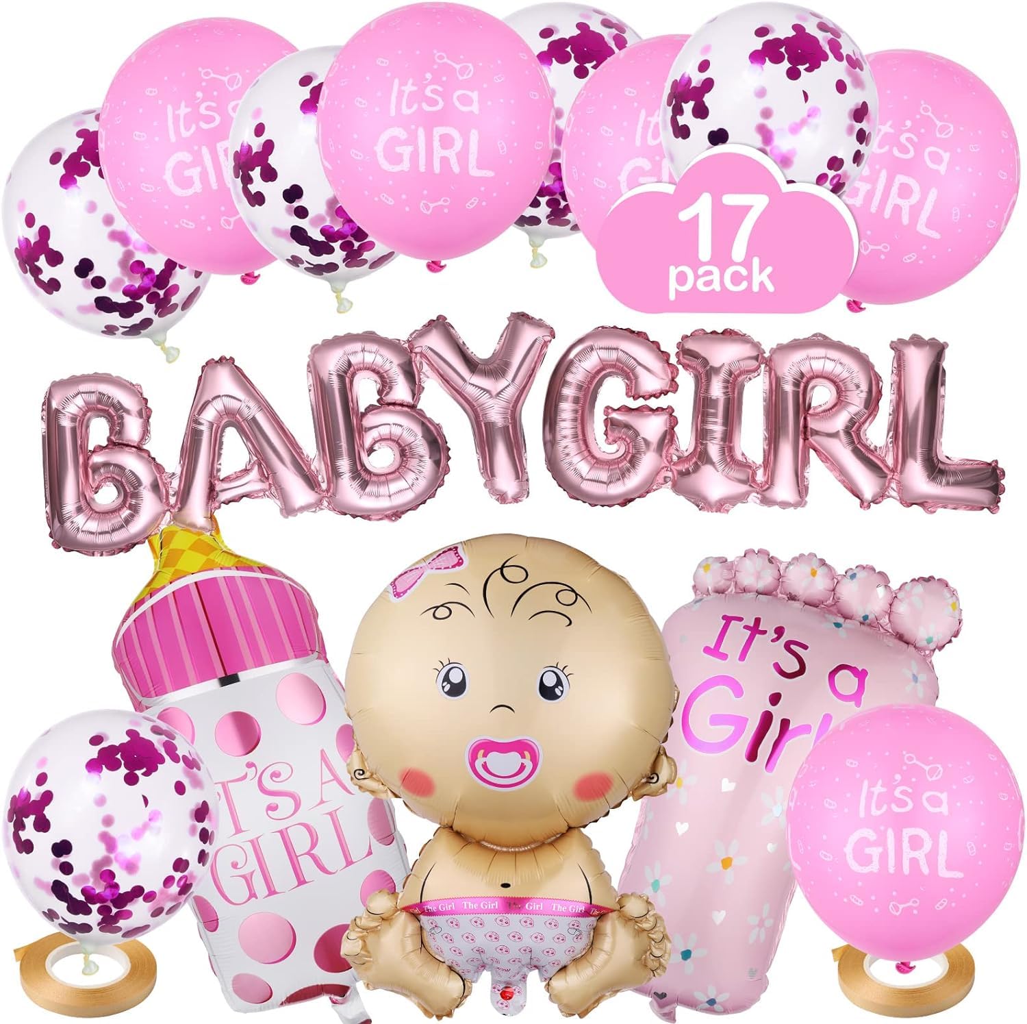 17-teiliges Babyparty Ballon-Set Mädchen – Rosa, Mit Folien- & Latexballons, Konfetti, Bänder, Für Baby Shower Deko
