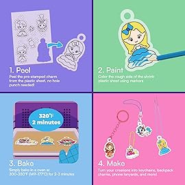 Auihiay 215Pcs Shrink Plastic Kit, 48Pcs Pre-Cut Charms, DIY Shrink Papers for Kids, Unicorn, Mermaid Shapes, Shrinky Art Kit with 12 Markers, Keychains, Ball Chains, Cartoon Stickers Accessories