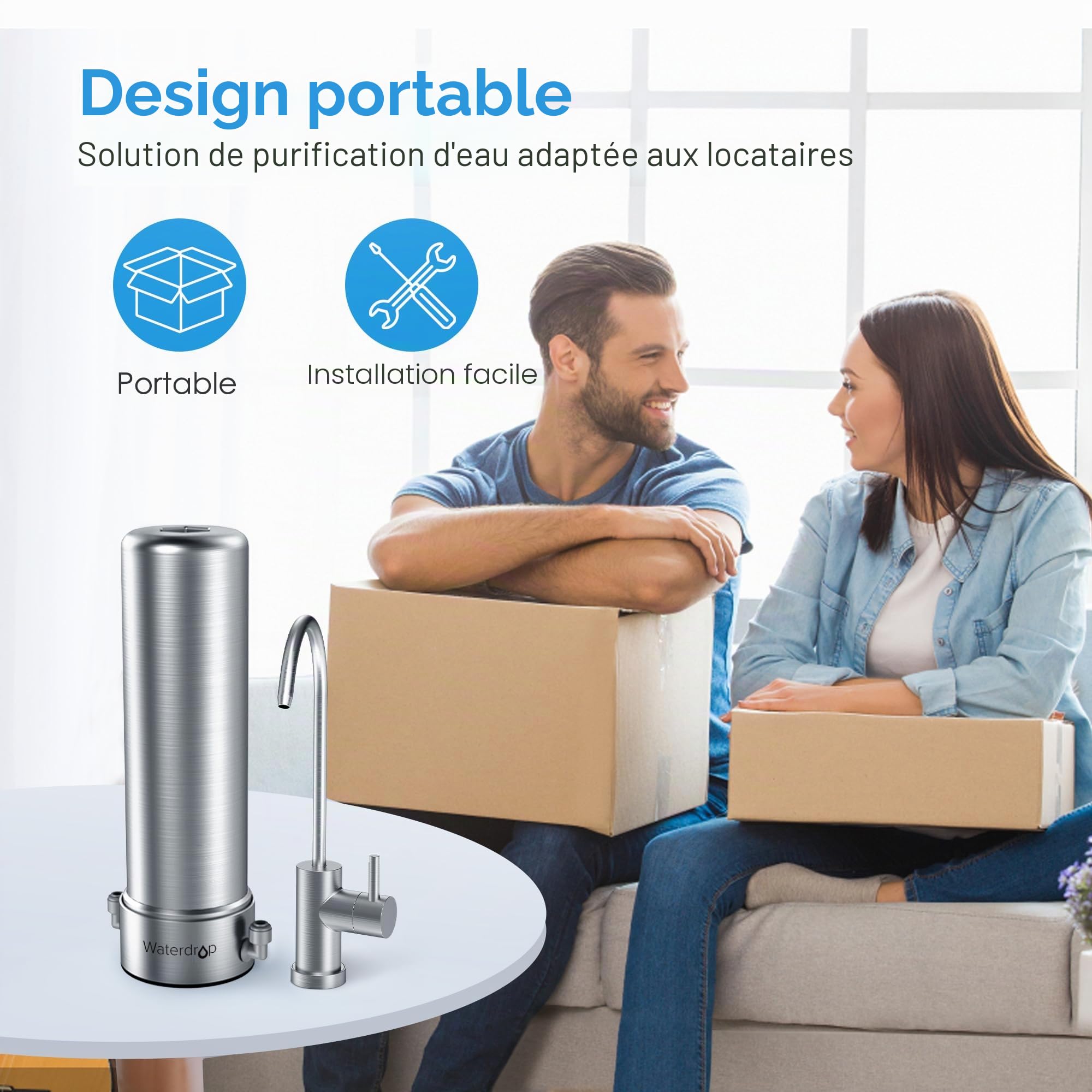 Waterdrop AS13 Filtre à eau sous évier, pas de perçage nécessaire, réduit les PFAS, PFOA/PFOS, filtre en acier inoxydable à 6 étapes, capacité de 56 000 litres, débit de 2 gpm