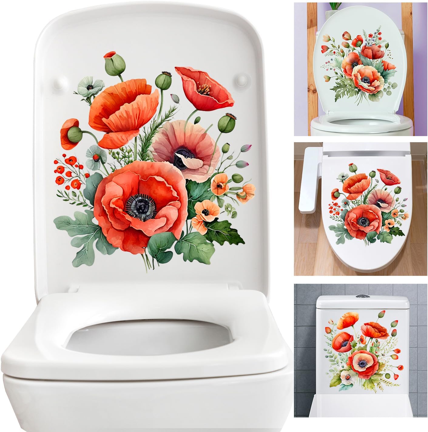 3PCS 3D Poppy Flowers Bathroom Toilet Seat Wall Sticker SelfAdhesive