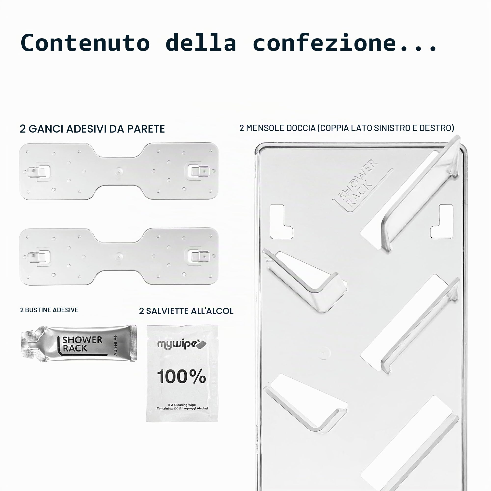 Carrello da doccia a parete in plastica trasparente, facile da installare, conservare con cura shampoo, balsami, rasoi e altri accessori su questo elegante bagno