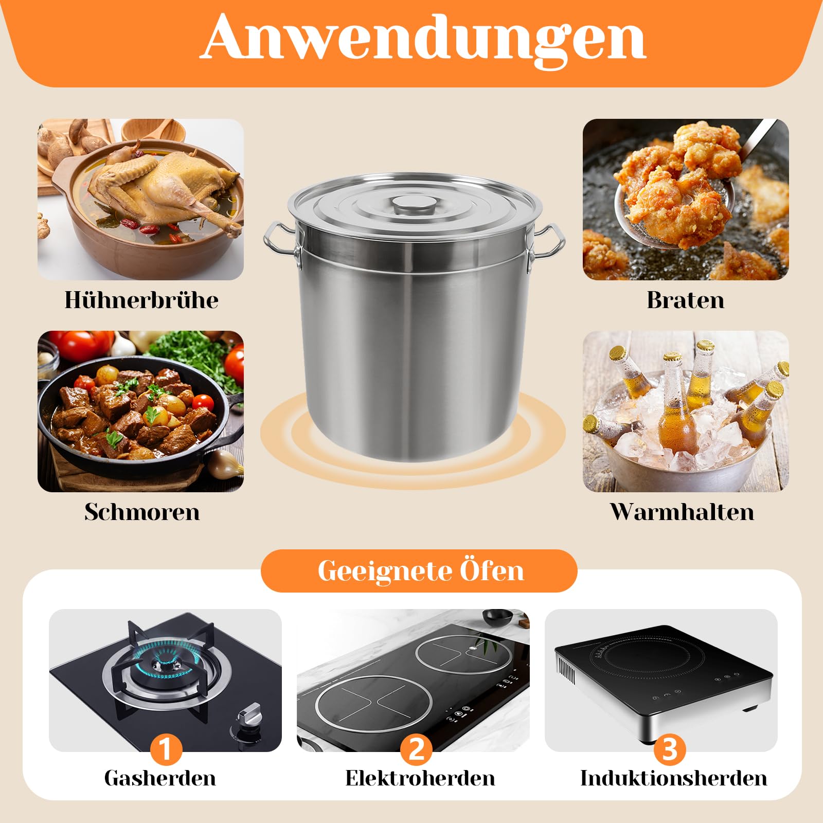 70L Edelstahl Kochtopf, 45cm Großr Suppentopf Induktion Einkochtopf Topf mit Deckel, Kochtöpfe Hoch Großraumtopf Gemüsetopf zum Schmoren, Braten und Warmhalten