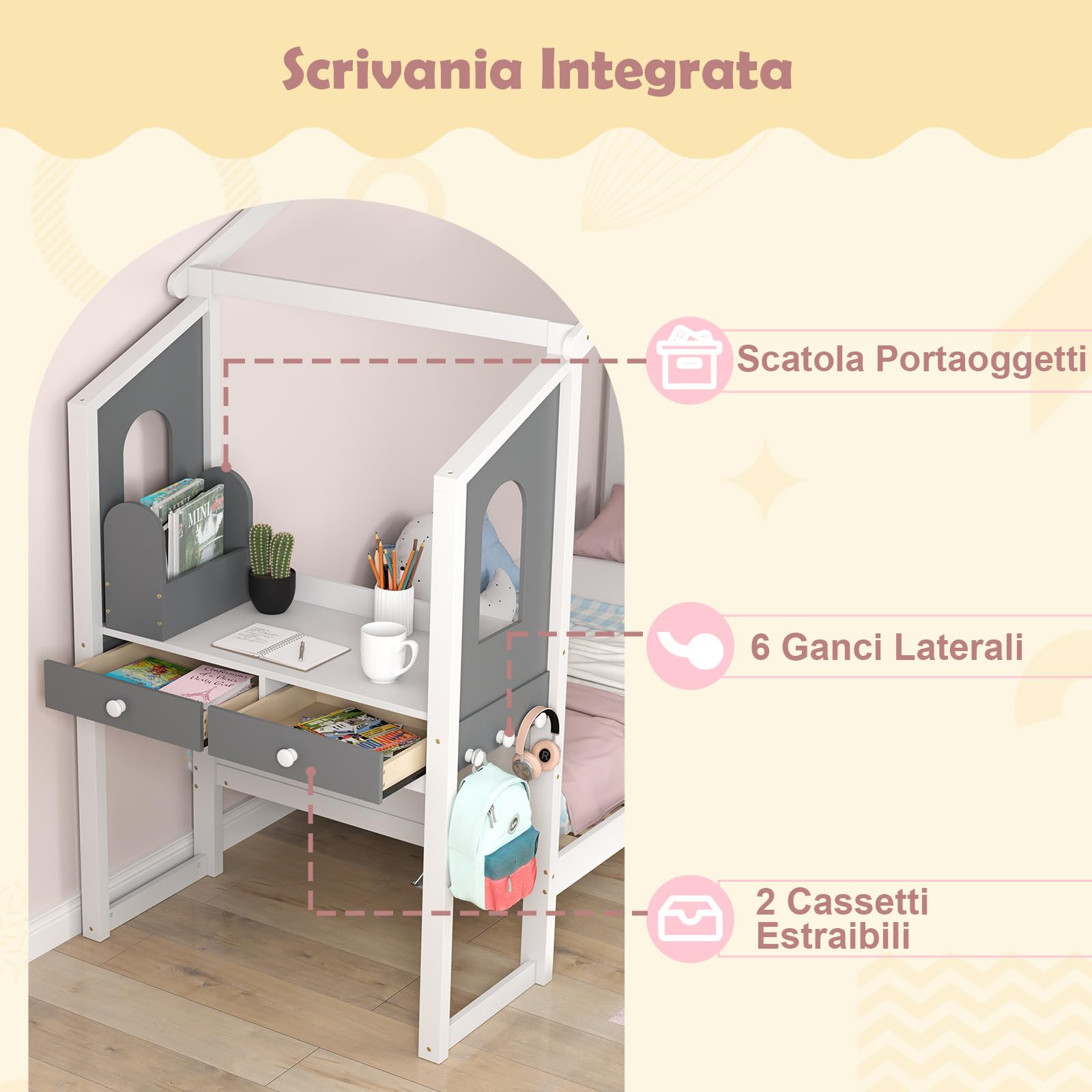 COSTWAY Letto Matrimoniale/Singolo con Scrivania, Letto Piattaforma in Legno con Testiera a Staccionata Ganci e Cassetti, 200x140/200x90 cm, Carico 320/150kg (200x90 cm)