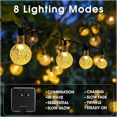 Miniatura 3 de Eueasy Guirnalda de luces solares para exteriores, paquete de 2 luces LED impermeables de 49.2 pies con 100 luces LED de globo de cristal con 8