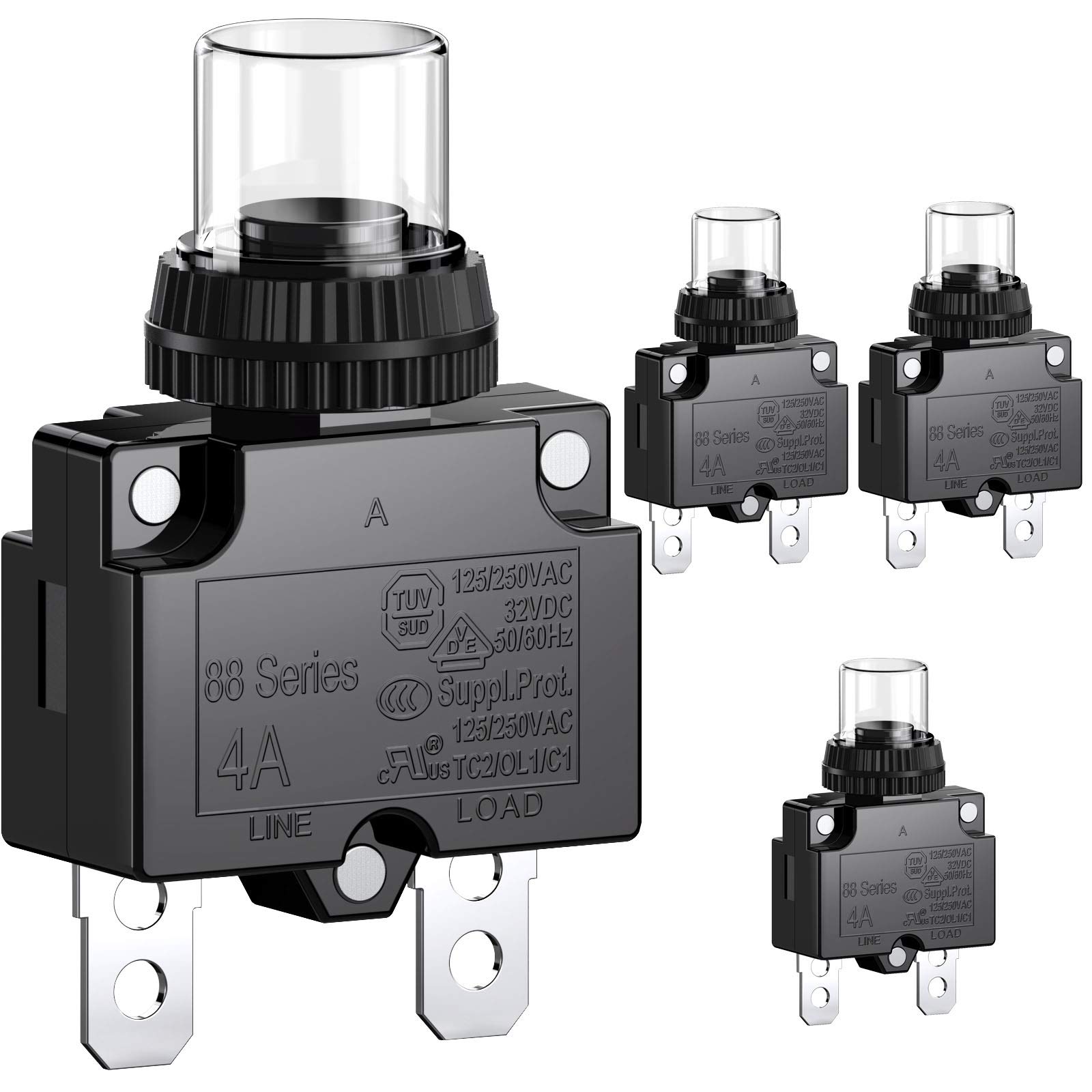 CLDIY 4-A-Leistungsschalter mit thermischem Überlastungsschutz 88 Series Manual Push Button Reset mit Schnellanschlussklemmen und wasserdichter Tastenkappe 32VDC oder 125 / 250VAC 4PCS