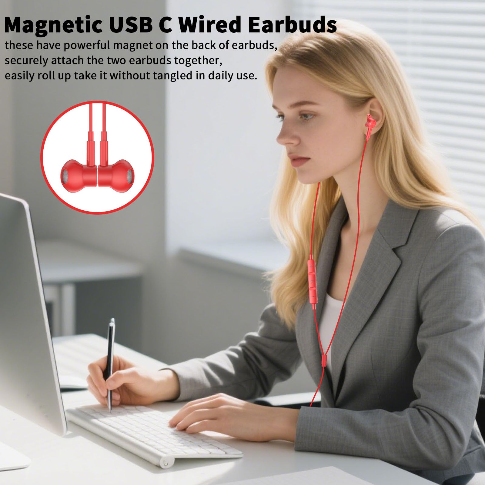 Auriculares USB C con cable para iPhone 17 16 Pro Max 17e/Samsung S26 S25 Ultra S24 A17 A37, auriculares magnéticos tipo C, auriculares estéreo con cable C con micrófono para Apple/iPad Pro 11 10 A16