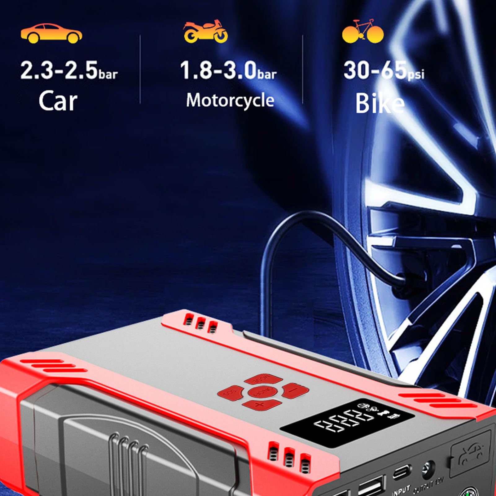 Akozon Arrancador de Batería Automóvil, con Inflador Neumáticos 150 PSI, Apagado Automático, Luz LED Banco Energía 10000 MAh SOS para Arranque Emergencia e Inflado