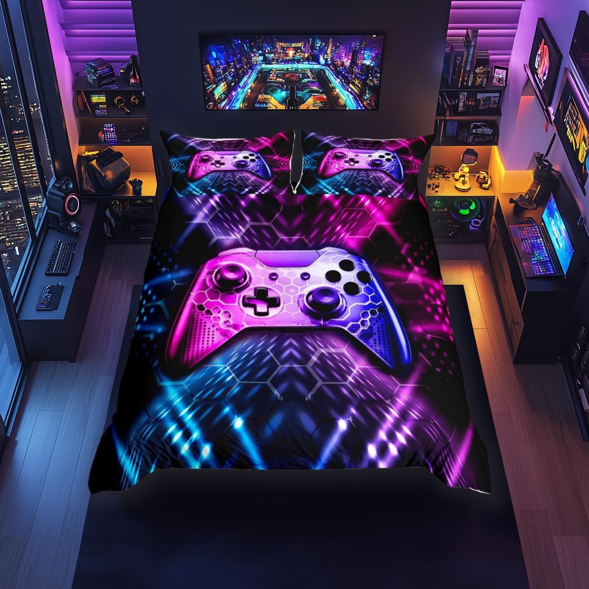 feelingyou Gamer Bedding Set,Honeycomb Gamepad Comforter Cover Set for Teens Kids Boys Room Decor,Blue Pink Neon Duvet Cover Breathable Video Games Reversible Bedspread Cover Double Size