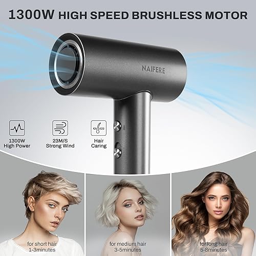 Miniatura 2 de NAIFERE Secador de pelo de viaje para mujer, secador de pelo iónico negativo con motor de alta velocidad de 110,000 RPM, secado rápido, con boquilla