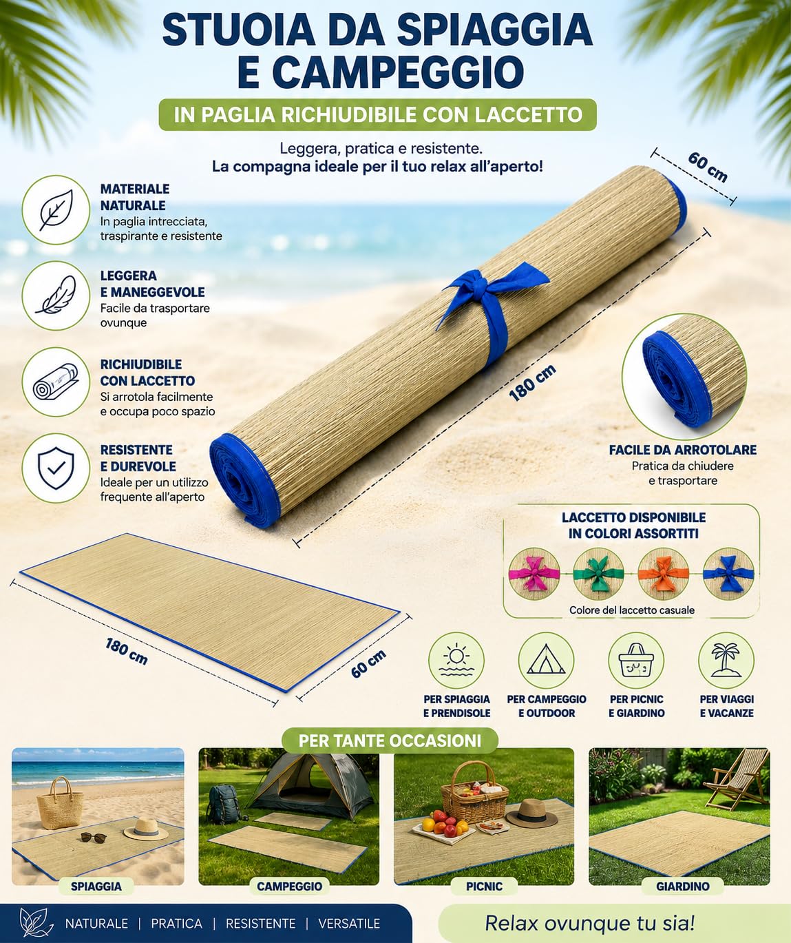 Stuoia Spiaggia Paglia Tappetino Mare Arrotolabile Laccetto Richiudibile Pieghevole Leggera Picnic Giardino Outdoor 180x60 cm
