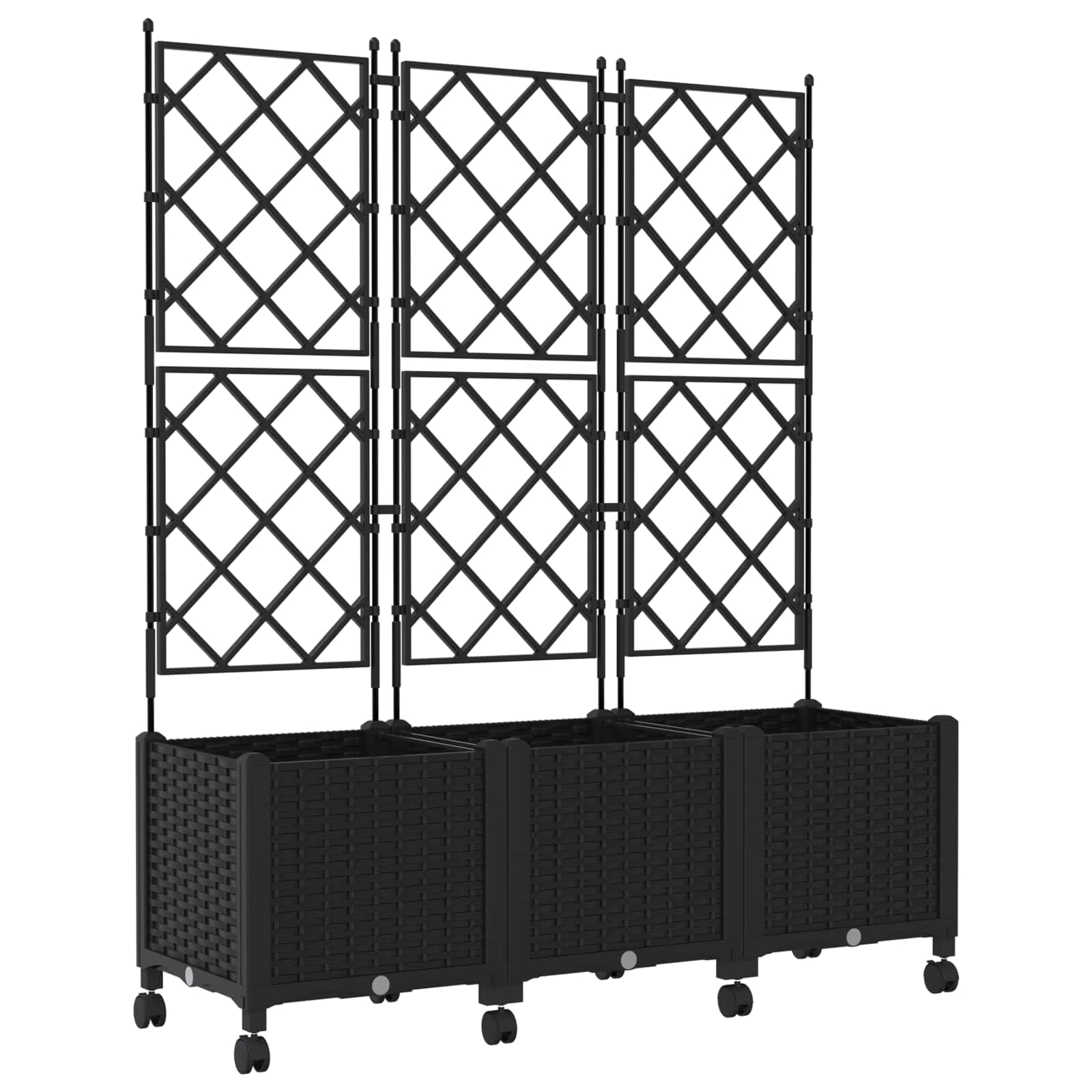 3er Set Pflanzkübel mit Spalier und Rollen, Hochbeet mit Rankgitter aus PP für Garten und Terrasse, Mobiler Blumenkasten Wetterbeständig, Schwarz, 120 x 40 x 149 cm
