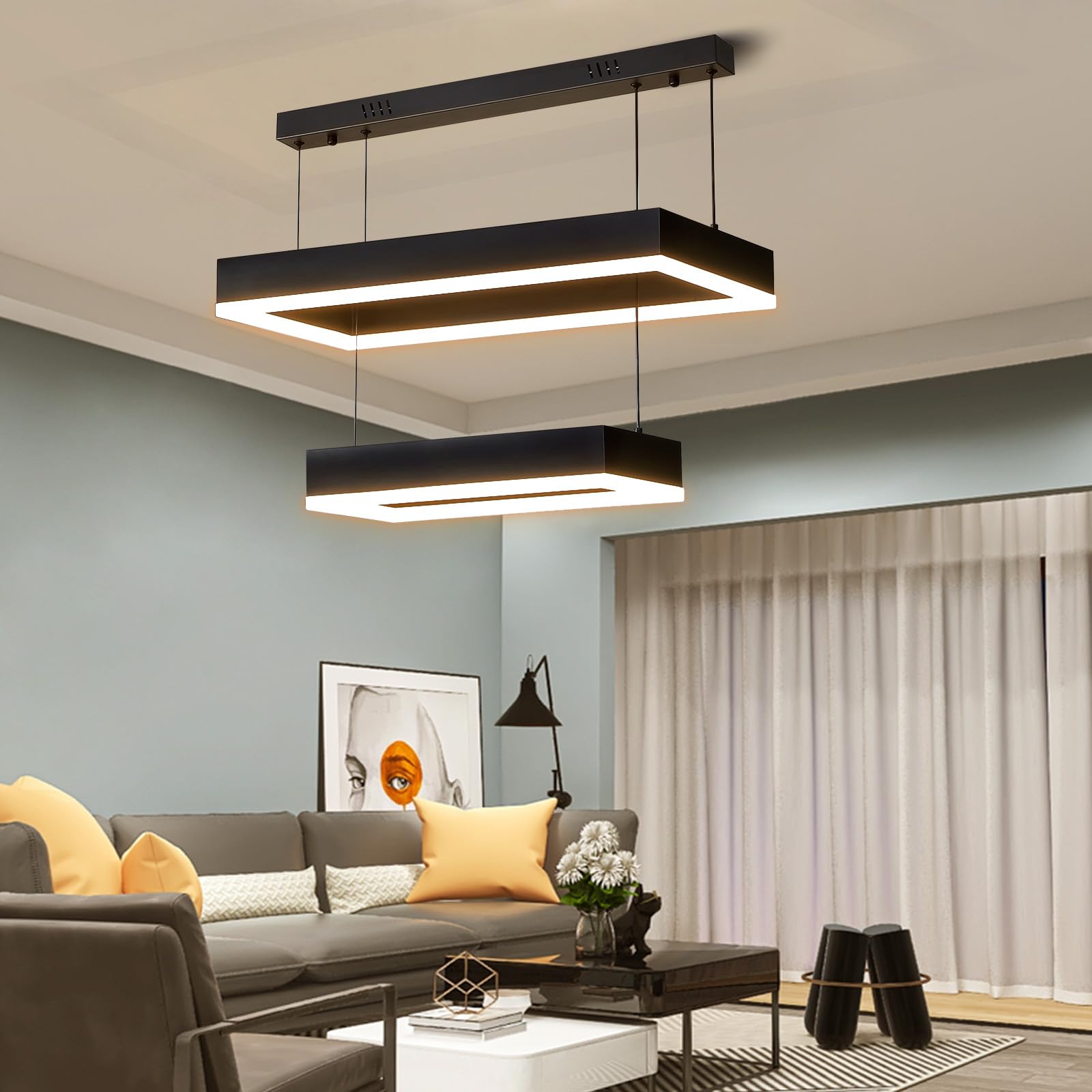 Mikeru Rectangular Double Pendant Light, 40+60CM Living Room Pendant Lights 3000K/4500K/6000K with Remote Control Pendant Light 10%-100% Dimmable Modern Chandelier for Living Room — image 1