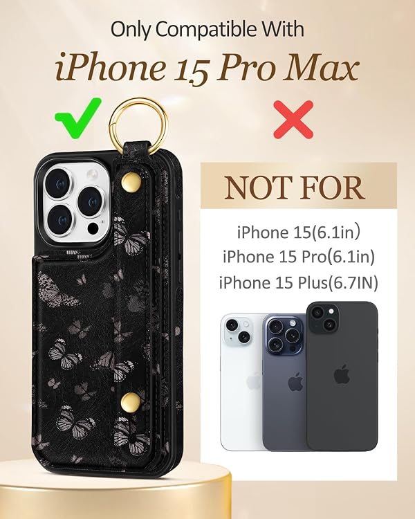 Petitian for iPhone 15 Pro Max Case with Wallet - Women Girls Cute Girly Aesthetic Unique Design with Leather Credit Card Holder Cardholder Stand Wristband for Apple 15 Promax, Black Butterfly by Petitian - Used condition - Image 2