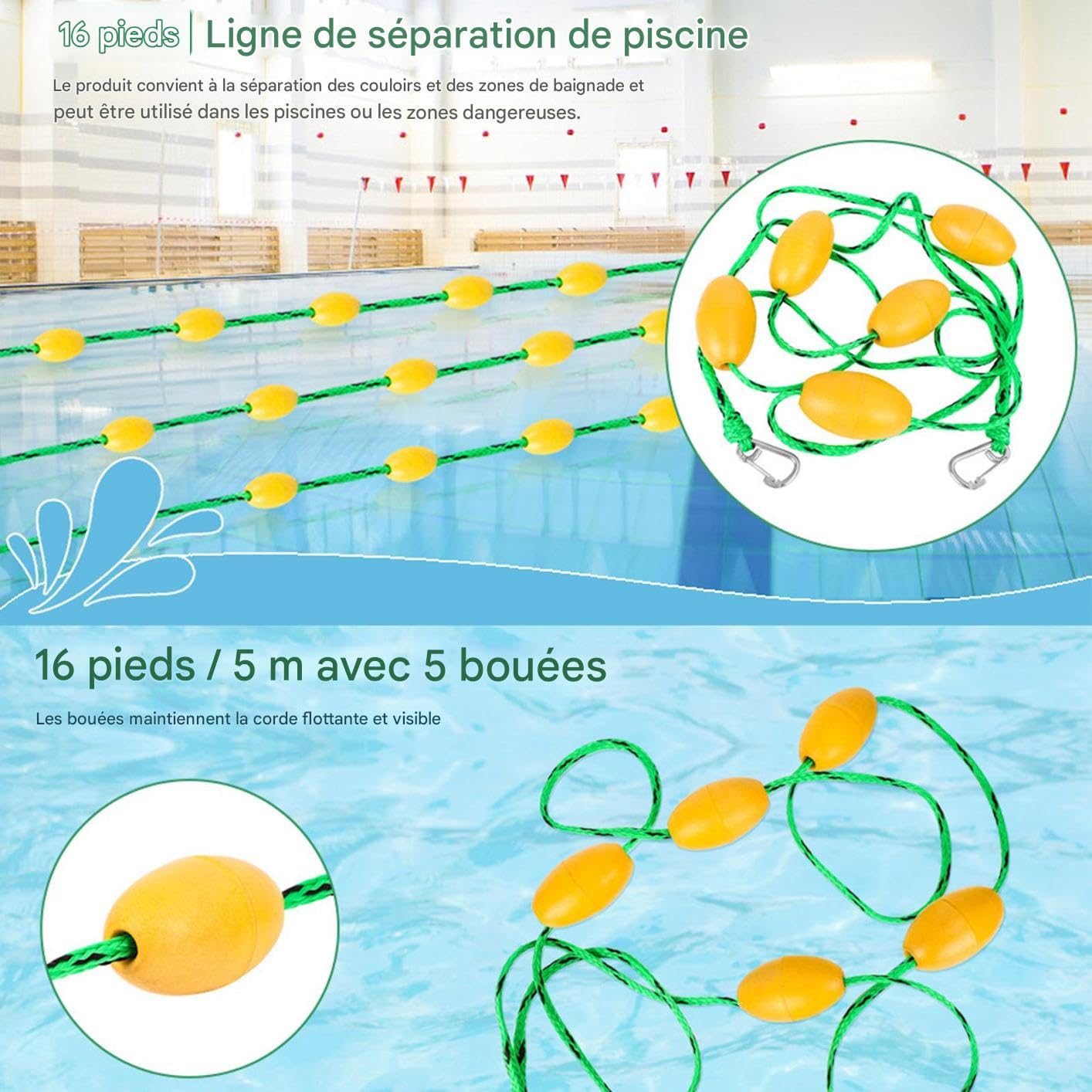 Flotteurs De Cordage pour Piscine, Ligne De Nage avec Flotteurs 5M pour Visibilité, Ligne de Couloir à Visibilité Élevée avec Crochets Inoxydables pour Plages Côtes et