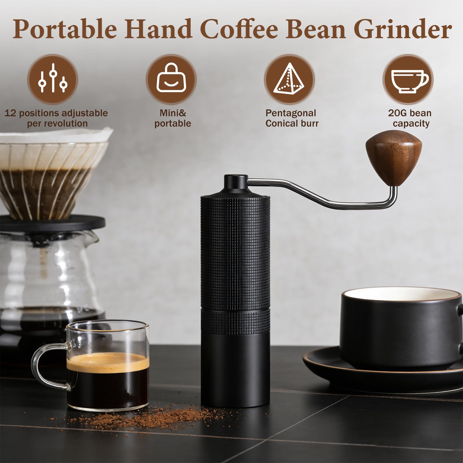 Macinacaffè manuale leggero, capacità 20 g, manuale con precisione in acciaio inox, macinacaffè italiano con manico in legno per moca, French Press, Drip con