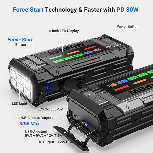 Miniatura 6 de AVAPOW Arrancador de batería de 8000 A portátil con pantalla HD de 4 pulgadas, PD de 30 W, carga rápida de doble vía, caja de arranque de coche de