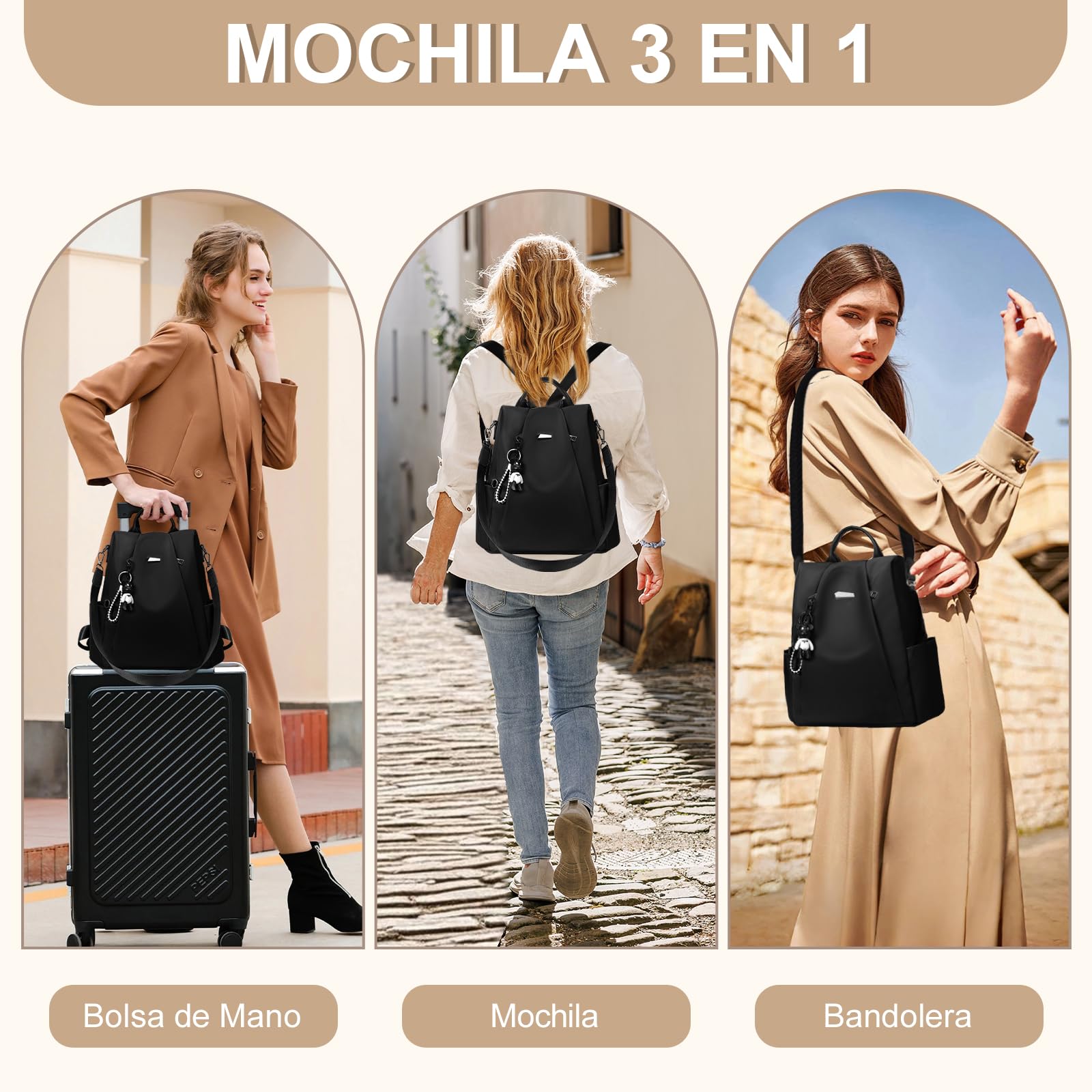 Eshow Mochila Antirrobo para Mujeres y Chicas, se Puede como Bolso de Hombro o Bolsa Bandolera, Adecuado para Viaje Escuela Compras y Trabajo Negro