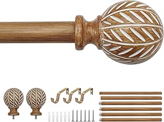Wood Curtain Rod for Windows 48" to 84" Adjustable Heavy Duty Curtain Rod with Imitation Wood Grain Leaf Pattern Finials, Boho Single Curtain Rod for Living Room, Bedroom, Kitchen, Farmhouse