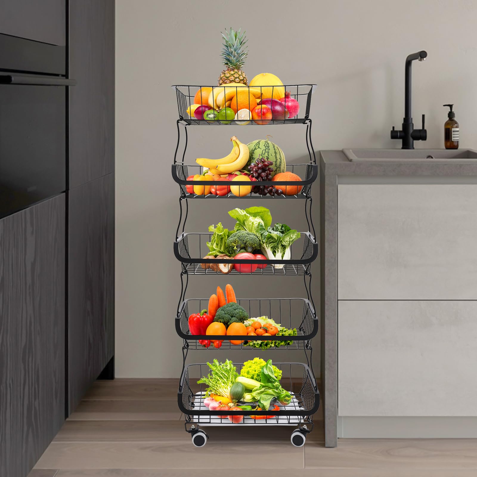 Carrito de cocina de 5 niveles, apilable, cesta de frutas, capacidad de carga de aproximadamente 22,05 libras, se puede mover a voluntad, diseño de rejilla y bandeja de recogida de agua, para colocar