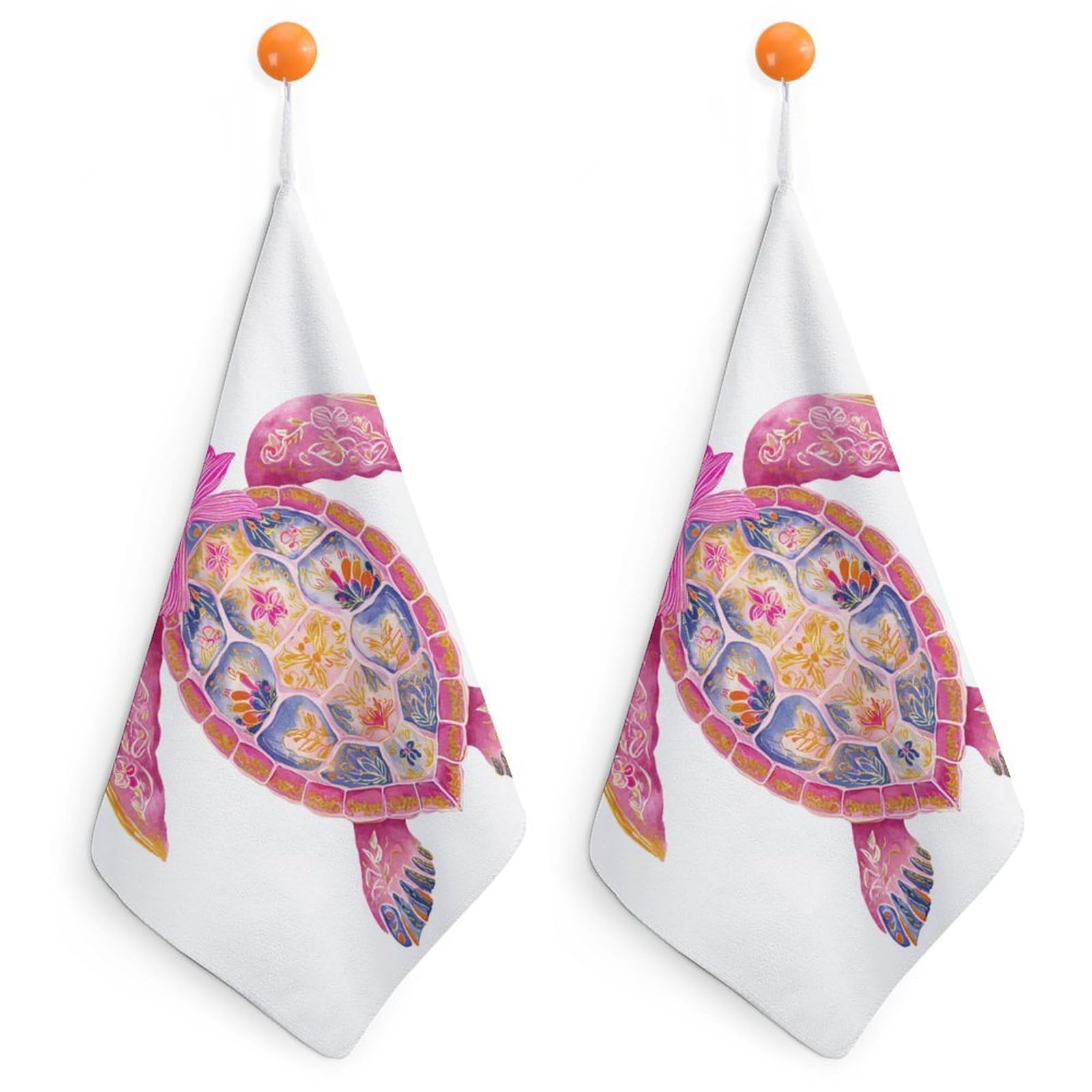 Jubonexis Preppy Pink Sea Turtle Floral Pattern Small Hand Towel with Hanging Loop 2 PCS Absorbent Soft Wash Cloth for Kitchen Bathroom
