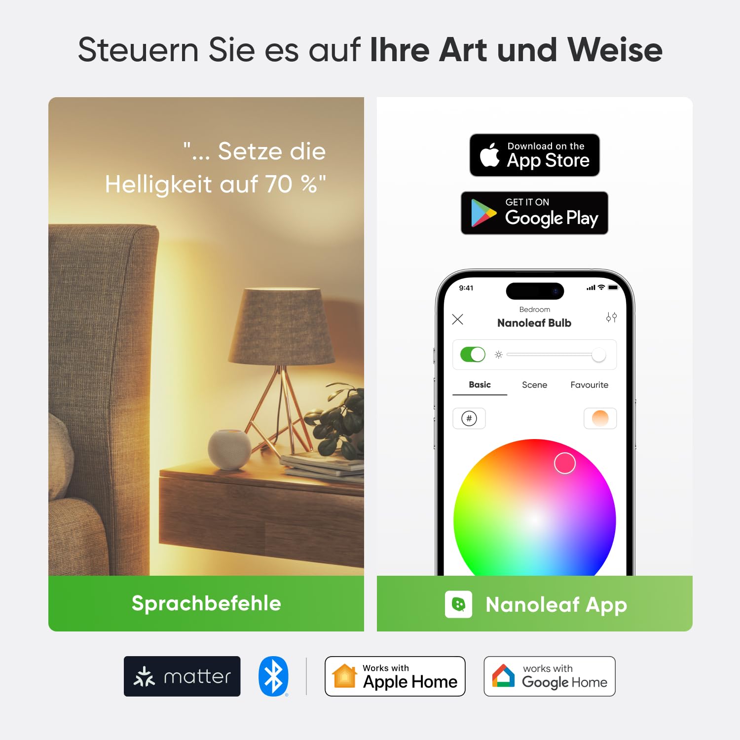 Nanoleaf Matter Essentials WLAN Glühbirnen E27 4er-Pack RGBW LED Lampen 16 Mio. Farben App- & Sprachsteuerung kompatibel mit Alexa Apple Google Home
