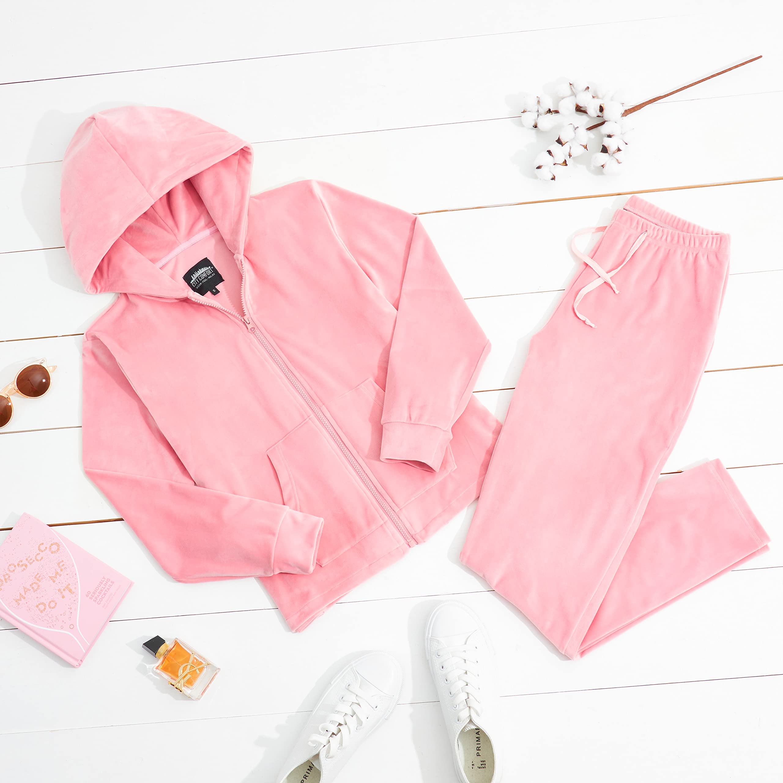 CityComfort Damski dres zapinany na zamek welurowy dres dresowy - bluza z kapturem, joggery 2-częściowy zestaw