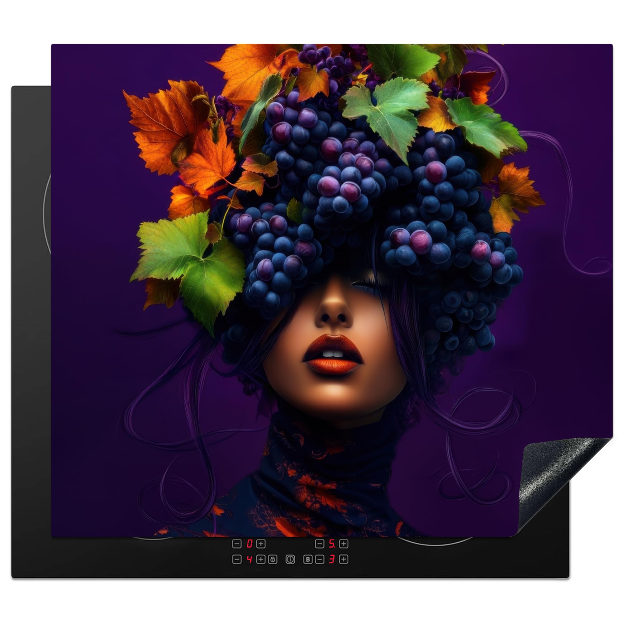 KitchenYeah© Induction Hob Protector Mat 20.5"x23.6" / 60x52 cm Stove Cap Top Cover Kitchen Cooker Covers for Electric Hobs Vinyl Woman - Purple - Grapes