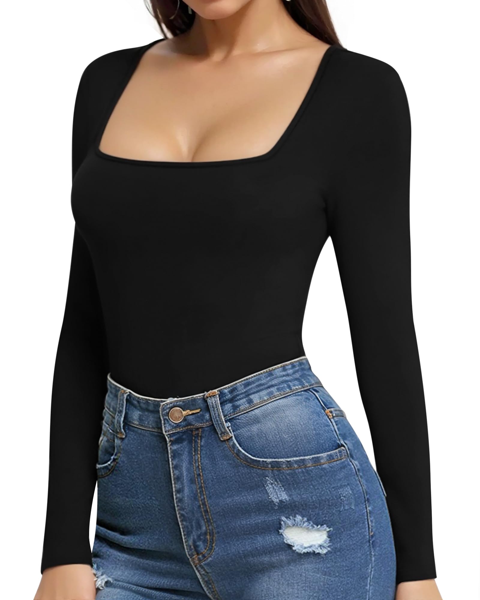 MANGOPOP Body de manga larga con cuello cuadrado para mujer, Negro/Borgoña/Beige, Medium