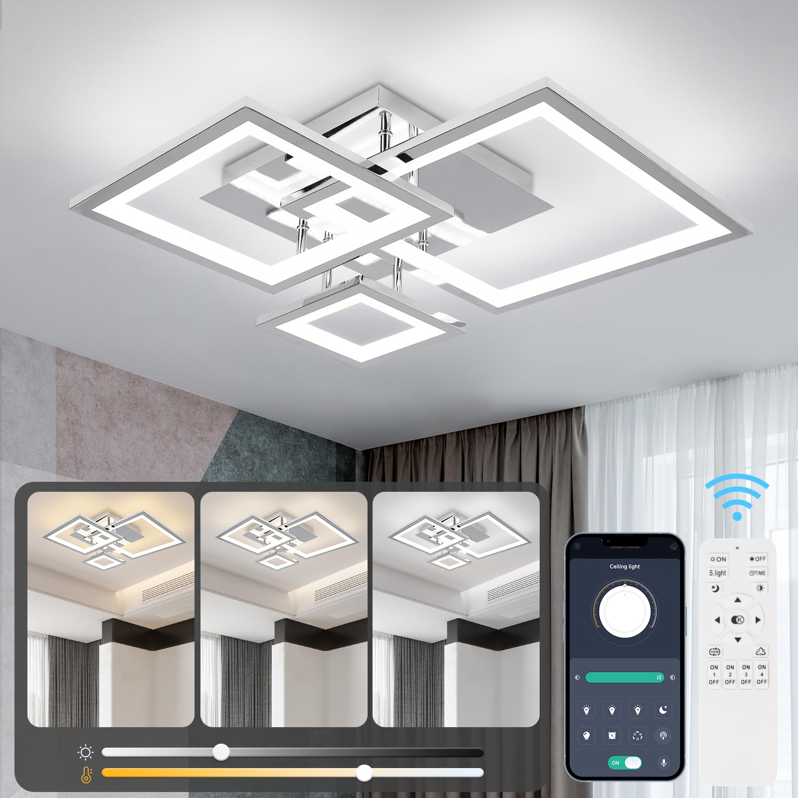 EIDISUNY Dimmable LED Ceiling Light, 36 W Silver Modern LED Ceiling Light with Remote Control, 3 Square Design Ceiling Lamp for Living Room, Bedroom, Dining Room, Kitchen, 3000k-6500k, 50cm.