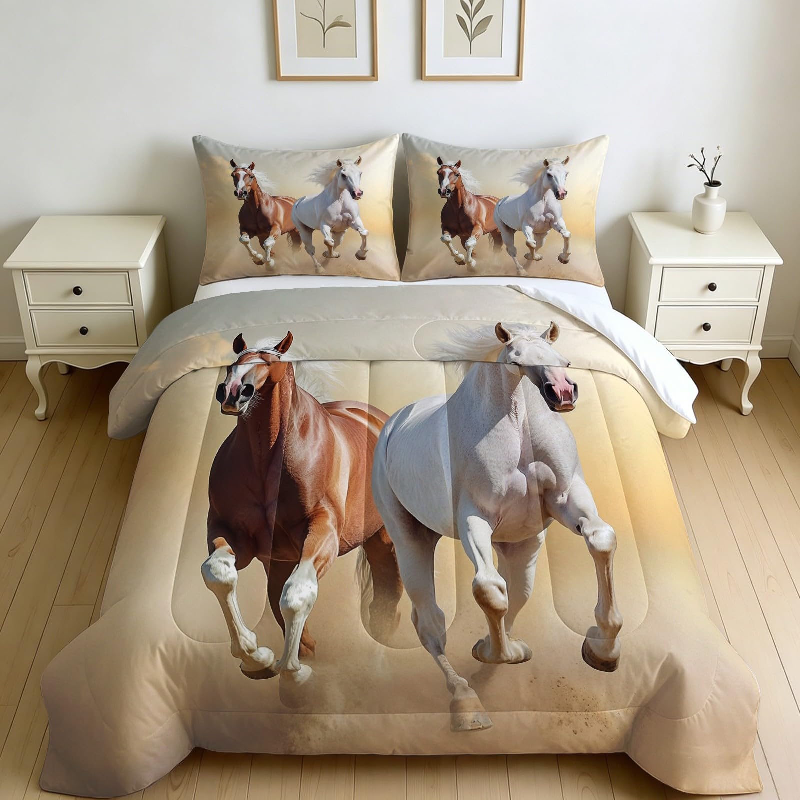 Edredón Matrimonio 4 Estaciones Corcel del Crepúsculo Estampado 200 x 200 cm Amarillo Claro Lavable, 2 Fundas de Almohada 50x75 cm