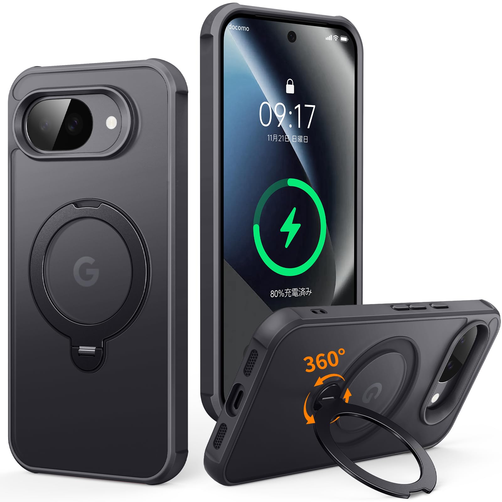 【米軍耐衝撃・360°回転スタンド】FONKCASE Google Pixel 10a 用 ケース Magsafe対応 縦横両対応 半透明 リング マグネット搭載 黄変防止 ワイヤレス充電対応 レンズ保護 耐衝撃 耐久性 マット仕上げ 指紋防止 ストラップホール付き マグセーフ対応 スマホケース グーグル ピクセル 10a カバー 6.3インチ(ブラック)