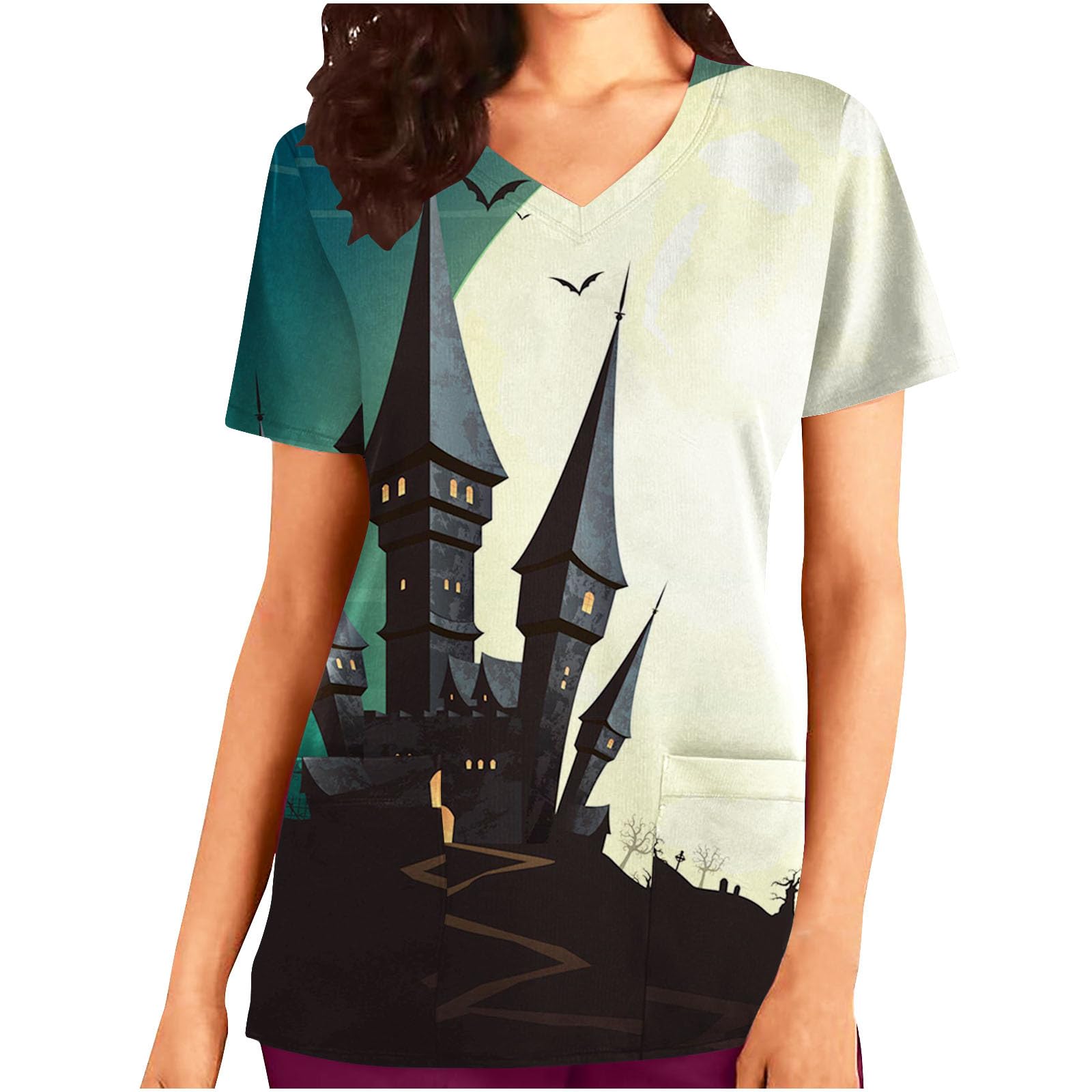 symoidWomens Halloween Scrub Tops V Neck Short Sleeve Tshirt Shirts Funny Graphic Stretch Uniform Work Tops with Pocket