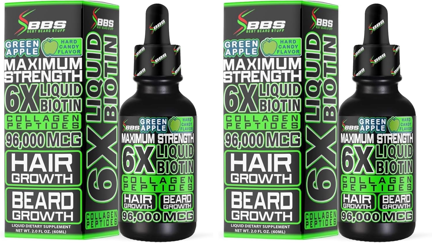 Liquid Biotin Collagen Peptides for Beard Growth and Thickening - Men's Beard and Hair Growth Supplement - Biotin Liquid Drops 96,000mcg 6X More Absorption (Pack of 2)